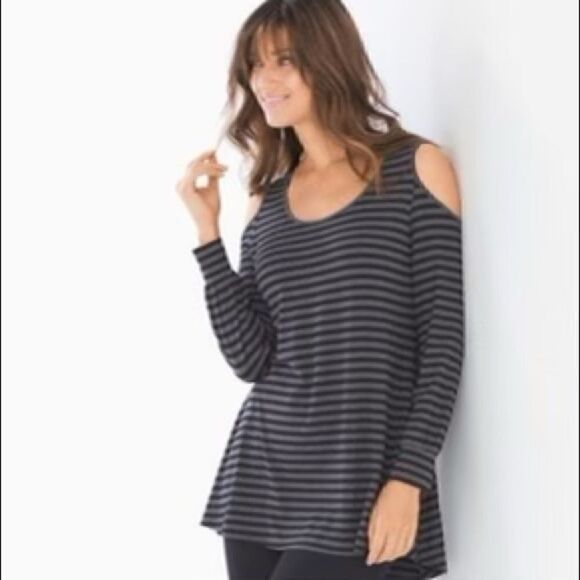 Soma Size Medium Black & Gray Striped Cold Shoulder Jersey Knit Tunic Top - Picture 1 of 8